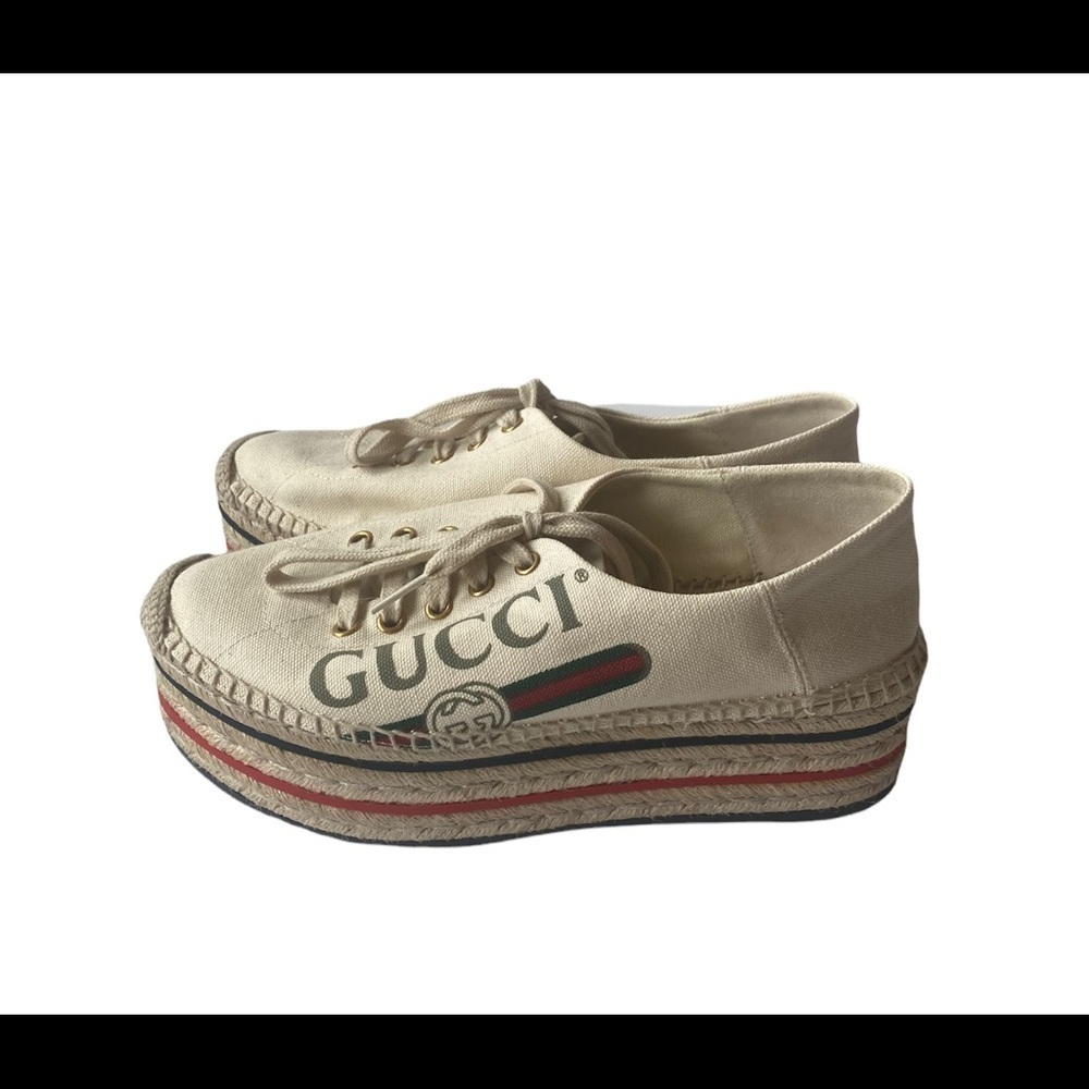 Gucci Cream Logo Print Platform Espadrilles Flats